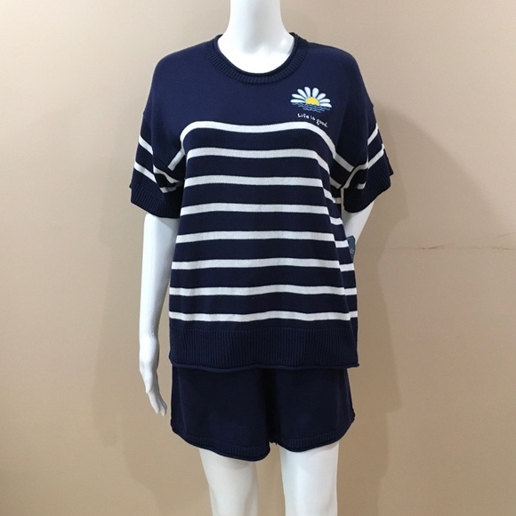 Life Is Good Sweaters - Life Is Good "Have A Nice Daisy" Navy Striped Knit Top & Shorts Lounge Set Large